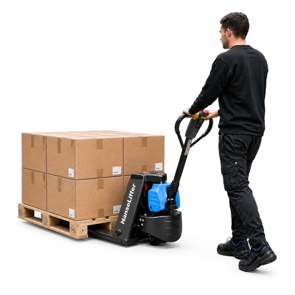 HanseLifter Elektrohubwagen E-LI-MOVER15-V2 Li-Ionen Akku 1500 kg Tragkraft Schildkroeten-Modus 230V Ladegeraet